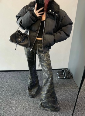 Aaakane 高街腿精微喇迷彩裤显高显瘦喇叭裤复古做旧抽绳卫裤
