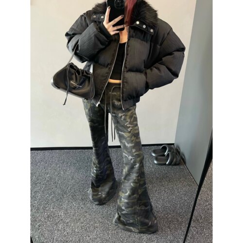 高街腿精迷彩裤显高显瘦喇叭裤