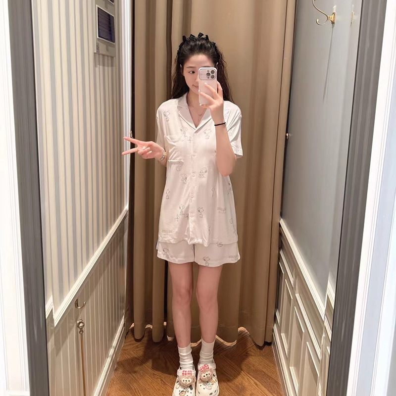满印狗狗翻领开衫短袖短裤莫代尔睡衣女夏新款可外穿趣味两件套