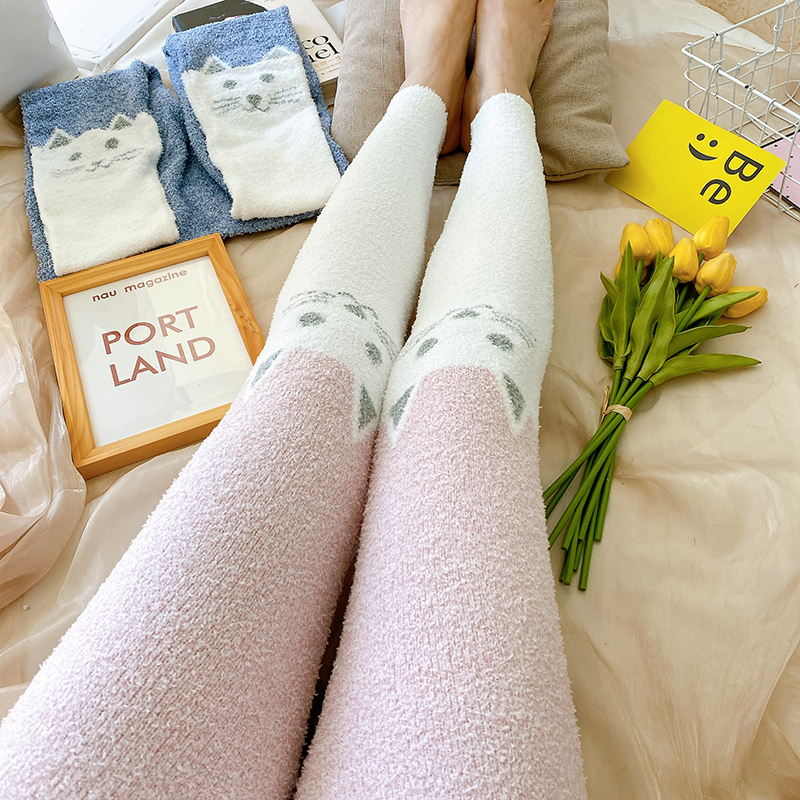 长裤半边绒女猫咪提花睡裤保暖