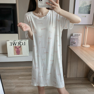 日系小猫咪印花睡裙女莫代尔棉夏季薄款百搭显瘦中长款睡衣软糯