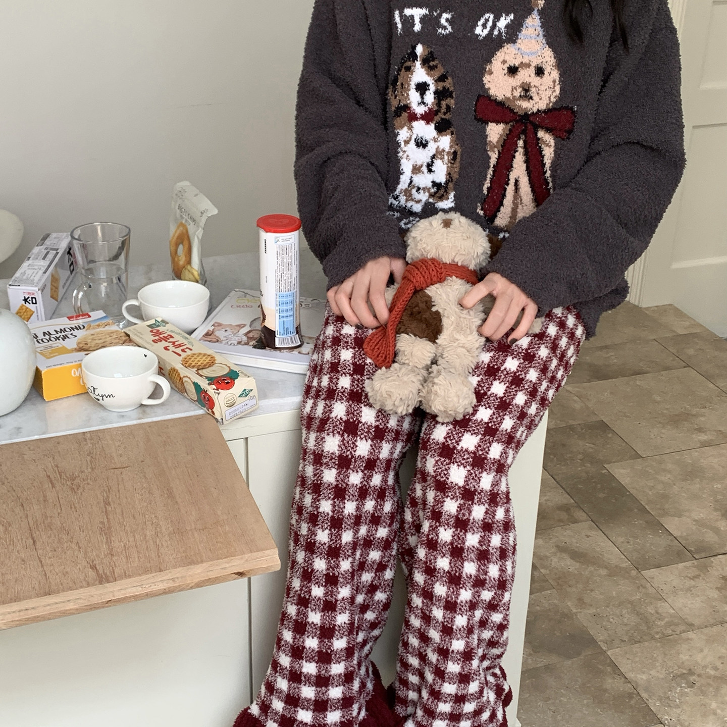 韩版复古格子小狗软绵绵加厚睡衣女秋冬新品宽松软糯针织家居服