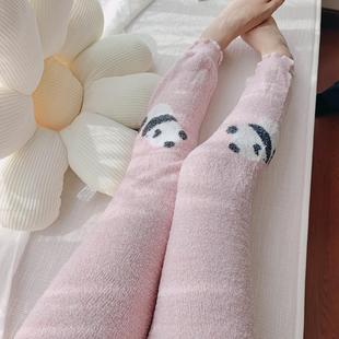 加长 高腰家居裤 日系熊猫提花卡通珊瑚绒秋冬保暖裤 女毛线暖宫裤
