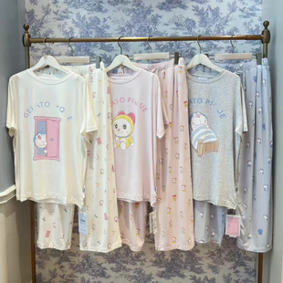 日系可爱卡通男女同款睡衣短袖长裤宽松柔软垂感情侣家居服套装夏