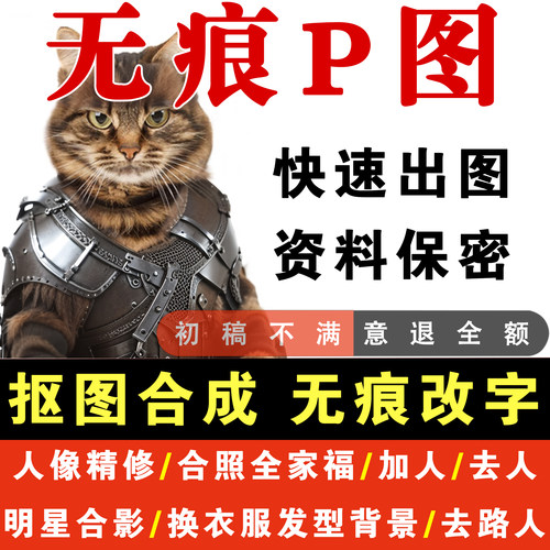 专业p图修图无痕P图照片处理ps换背景批抠改字全家福合影人像精修