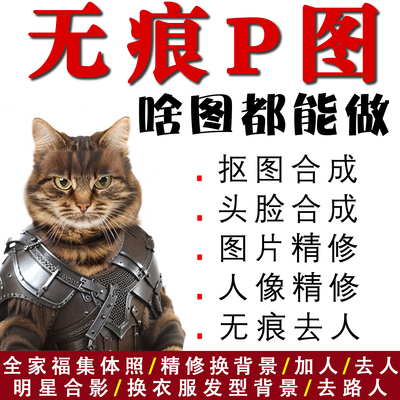 专业p图修图无痕P图照片处理ps换背景批抠改字全家福合影人像精修