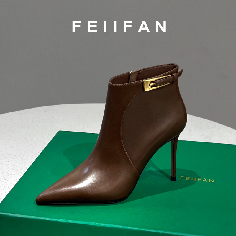 高跟鞋短靴2025新款秋冬女士细跟高级感小个子尖头真皮棕色靴子女