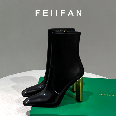 短靴女2025新款秋冬加绒粗跟小个子真皮靴子高级感方头黑色高跟鞋
