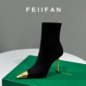 方头高跟鞋 弹力瘦瘦靴2025秋冬新款 女士细跟黑色靴子加绒法式 短靴