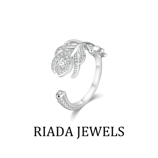 戒指女小众设计925银满钻羽毛系列手镯原创设计孔雀羽毛戒指手镯