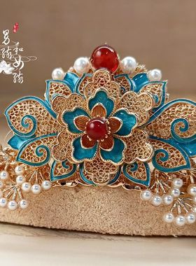 原创手工故宫风汉服旗袍步摇古装流苏景泰蓝发冠-尚卿发冠不配盒