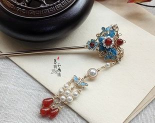 流蘇景泰藍(lán)簪子－婉蝶配錦盒 原創(chuàng)手工盤(pán)發(fā)發(fā)簪漢服旗袍步搖古裝