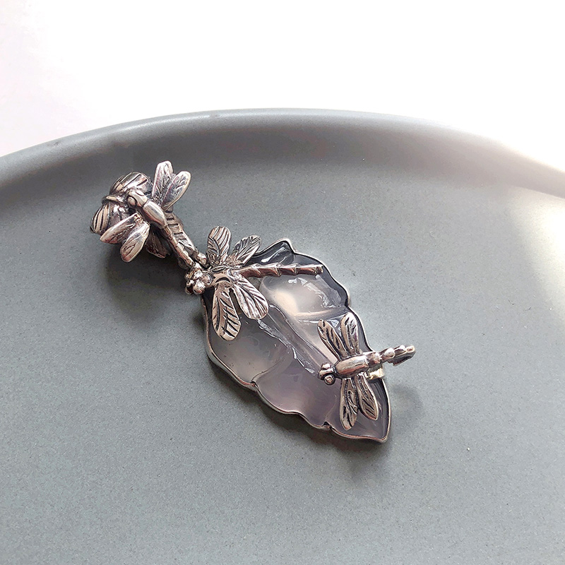 民族风 S925纯银灰玛瑙叶子大吊坠 立体蜻蜓复古毛衣坠 独特品质