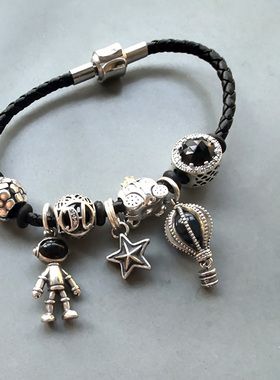 S925纯银黑色皮绳机器人五角星花朵手链 diy小众复古个性