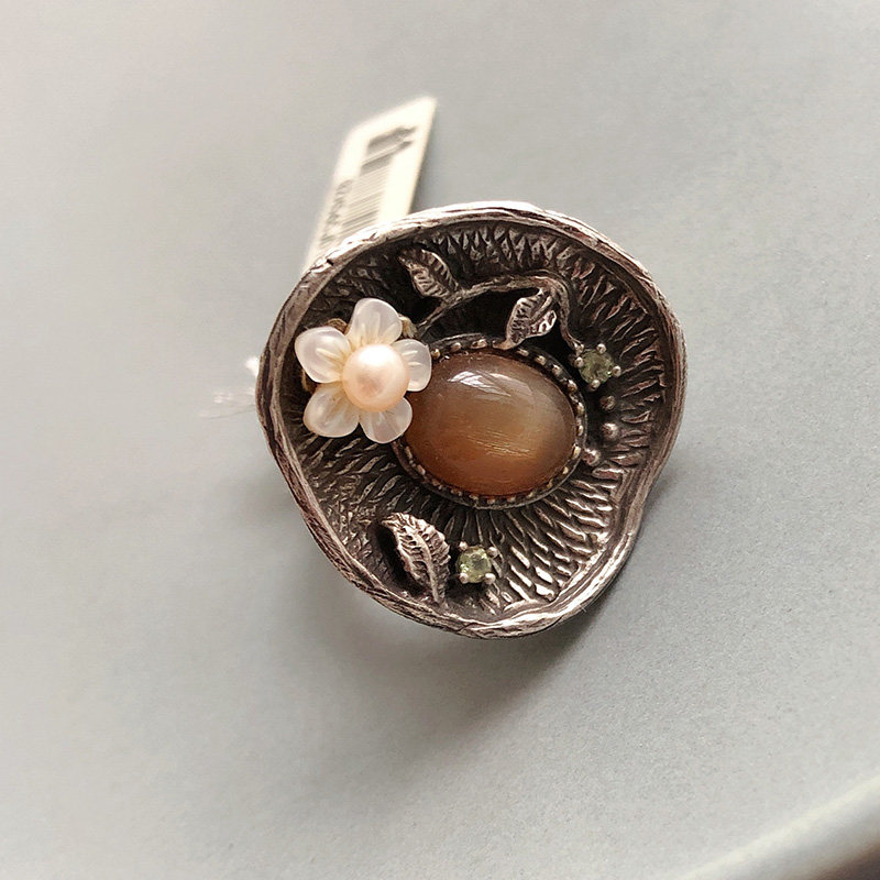 S925纯银天然发晶贝壳花朵戒指轻奢高品质复古宫廷荷叶圆盘闭口戒