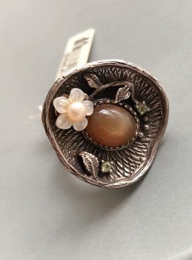 S925纯银天然发晶贝壳花朵戒指轻奢高品质复古宫廷荷叶圆盘闭口戒