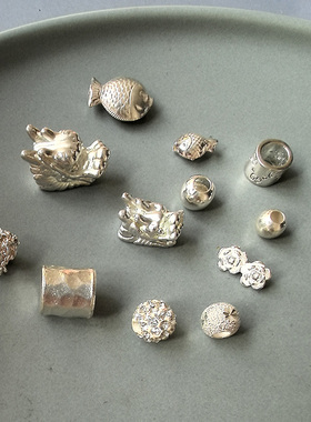 异思 韩国个性素银亮银S925纯银吊坠 立体龙头鱼儿花朵圆筒珠多款