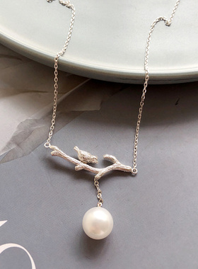 民族风 手工银拉丝小鸟橄榄树枝项链 s925纯银珍珠垂坠 小众精致