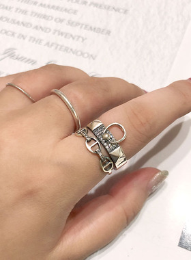 韩国东大门 S925纯银 双层镶钻猪鼻环大气戒指 有质感小众开口戒