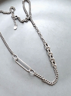 韩国S925纯银坦克链拼接回形针项链 质感个性毛衣链 复古做旧甜酷