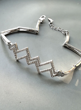 S925纯银几何图形波浪微镶钻手链 骨节款 闪亮金属冷淡风 气质6g