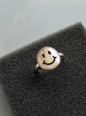 异思 日韩S925纯银简洁笑脸emoji微笑戒指 开口ins可爱小众设计