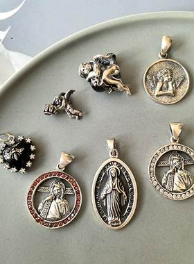 韩国东大门S925纯银精品吊坠 小天使人头像圆牌毛衣坠 复古风小众