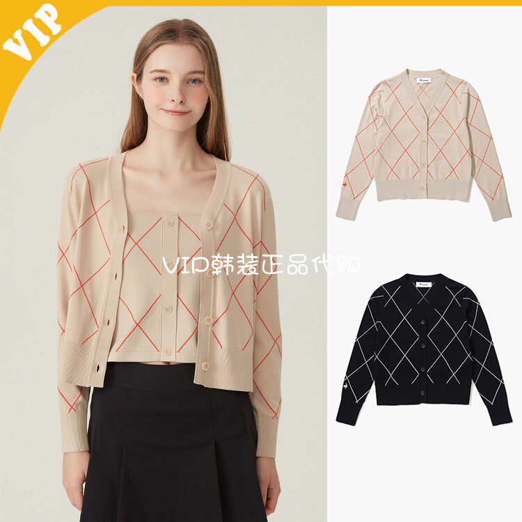 LeCoq公鸡V领菱形系扣针织开衫
