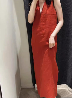 红色苎麻背心裙女舒适凉感极简优雅气质v领无袖开叉红色连衣裙夏