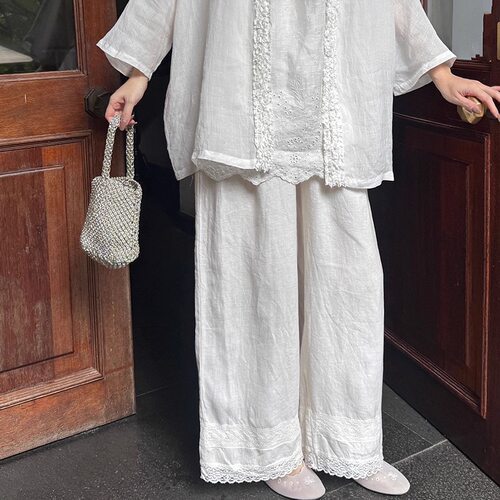 Owish 倪妮同款 超垂日本重磅砂洗100天然亚麻定纺蕾丝直筒垂垂裤