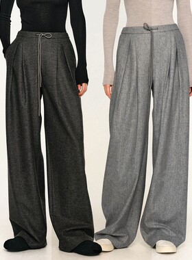 开间倒V褶老钱风中低腰抽绳法兰绒羊毛宽松松紧腰休闲西裤阔腿裤