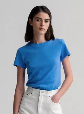 正品nothing written董洁同款正肩短袖女2025夏季新款修身蓝色T恤