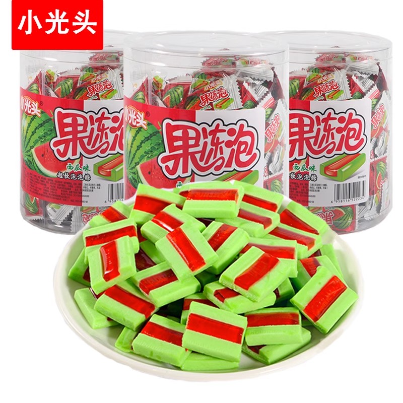 小光头果冻泡西瓜味泡泡糖桶装口香糖小时候童年怀旧糖果零食批发