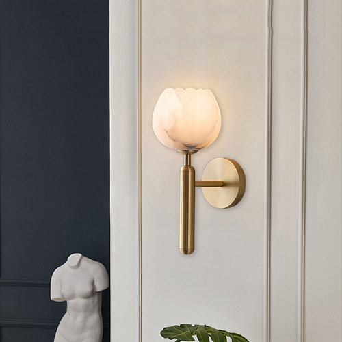 法式轻奢南瓜花瓣云石壁灯客厅背景墙LED单头简约卧室床头全铜灯