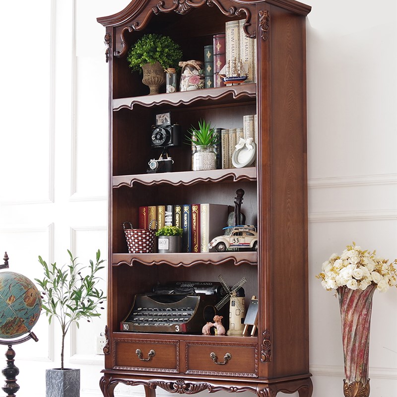 美式复古书柜实木欧式雕花客厅书架做旧陈列架置物架法式轻奢现代