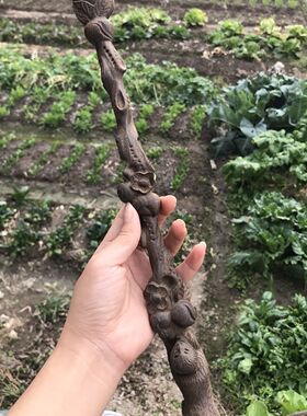 越南沉香木精雕灵猴献桃不求人挠痒痒按摩摆件实木整木文玩