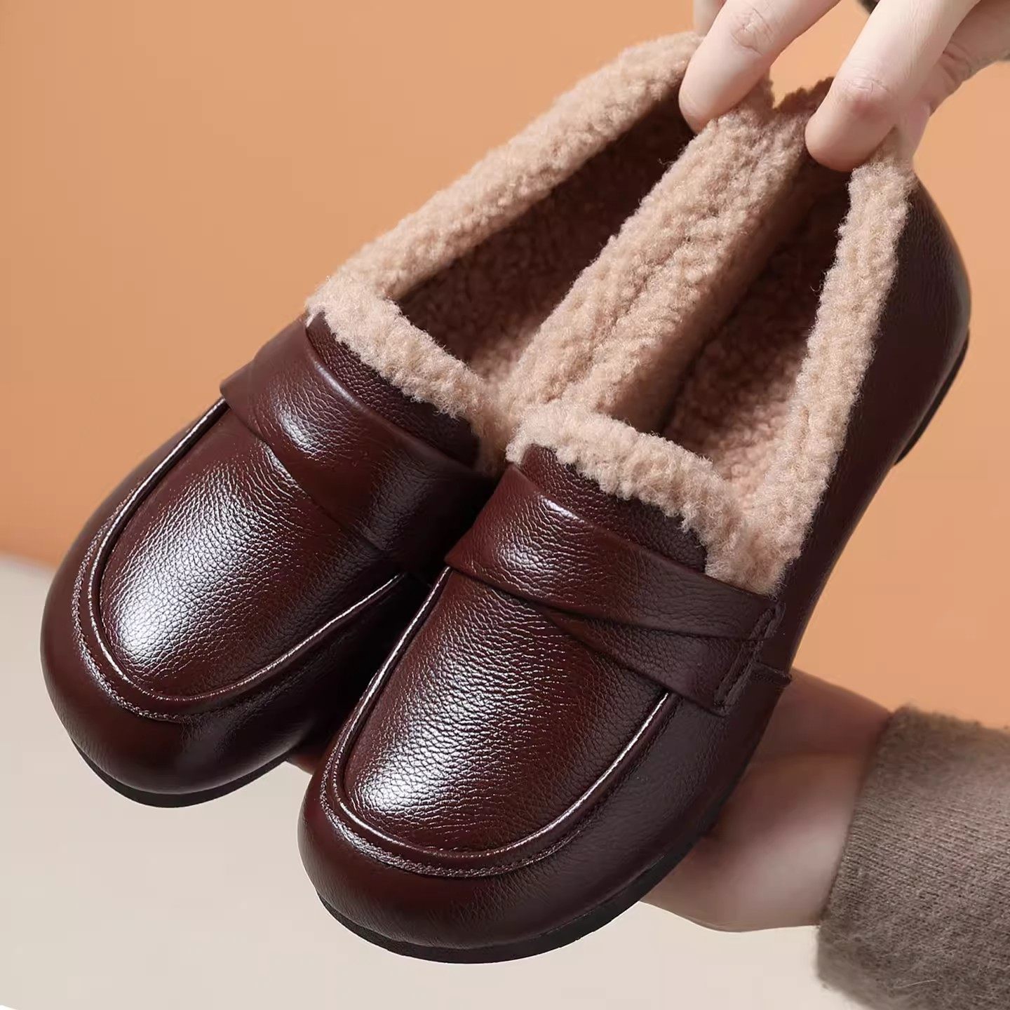 牛皮软底妈妈鞋冬季加绒皮鞋女一脚蹬毛毛鞋真皮洋气平底防滑鞋子,女鞋,棉鞋,淘宝优惠券,粉丝福利购,淘宝优惠卷