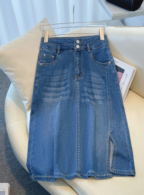 夏季薄款天丝蓝色半裙开叉牛仔半身裙女2024新款垂感高腰a字裙子