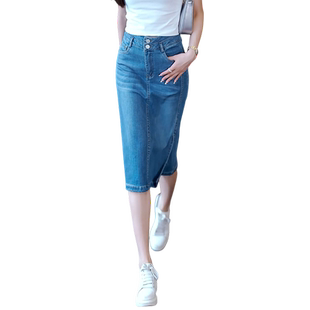 夏季薄款开叉中长款天丝牛仔裙半身裙女2024新款高腰a字一步裙子