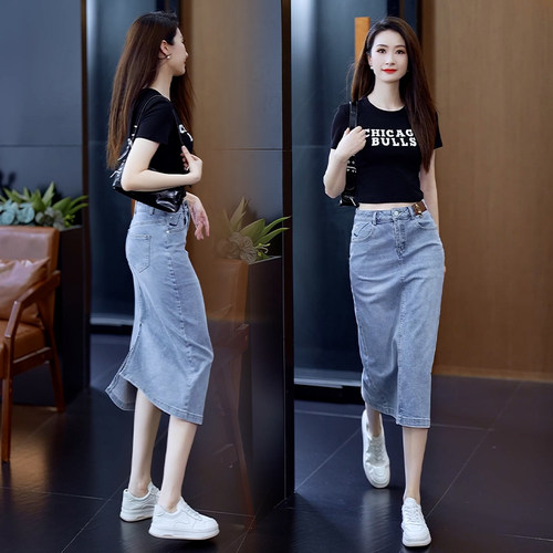 浅蓝色高腰牛仔半身裙女包臀裙子