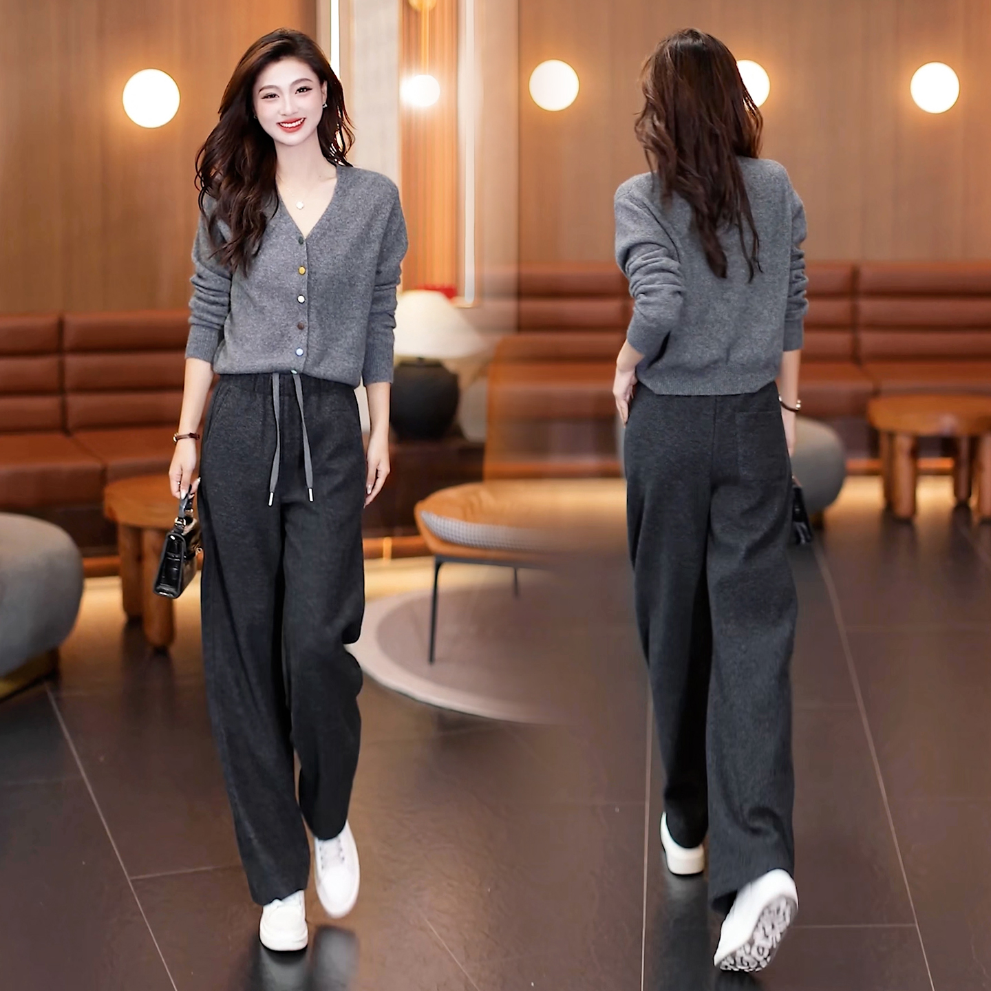 冬季灰色磨毛高腰阔腿裤女弯刀裤