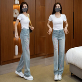 直筒裤 高腰窄版 刺绣夏季 薄款 子 国风浅色牛仔裤 阔腿裤 女2025年新款