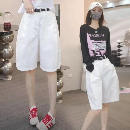 白色花苞五分阔腿裤女薄款工装裤