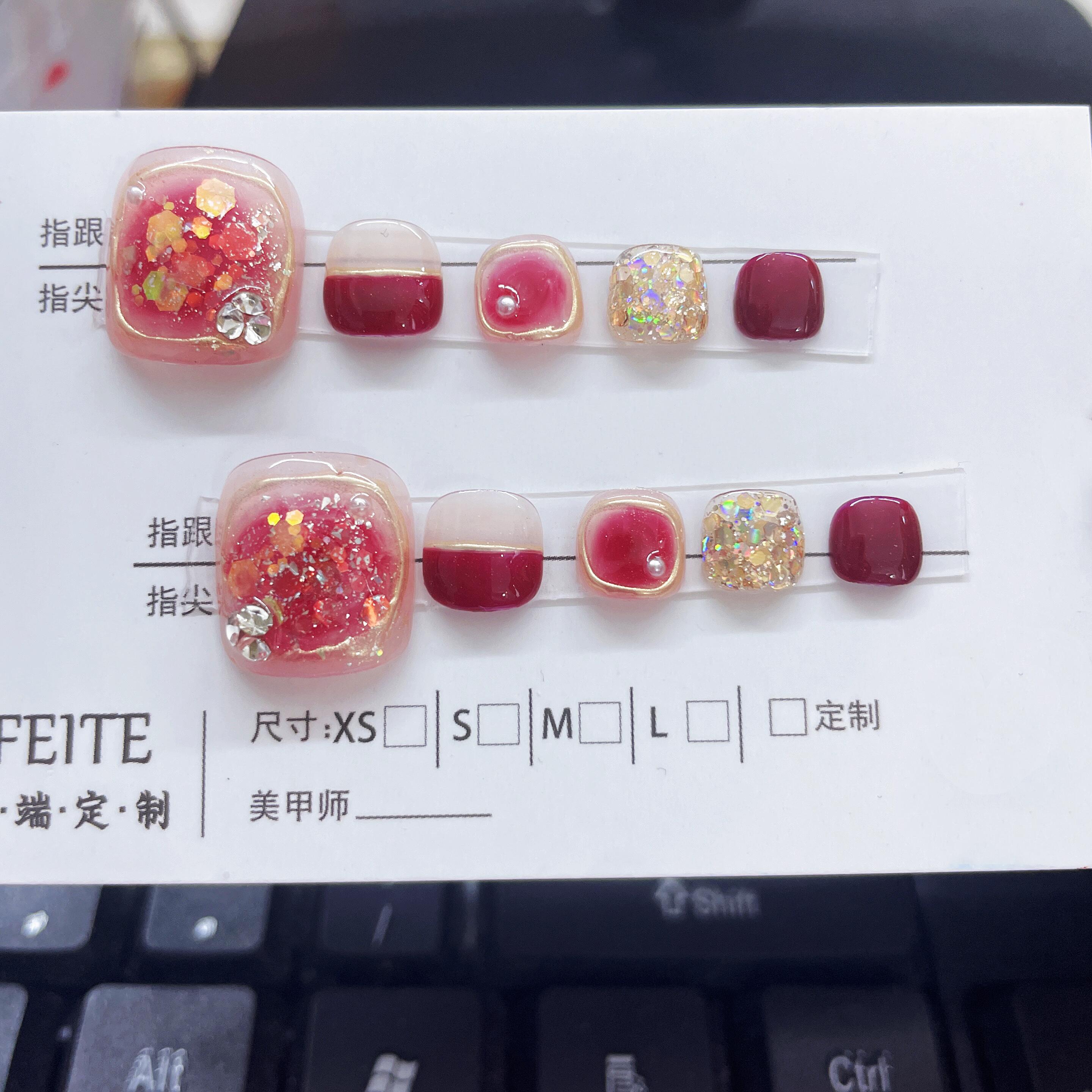 假指甲手工定制脚趾甲深红小钻显白腮红脚指甲片可拆卸穿戴甲贴片