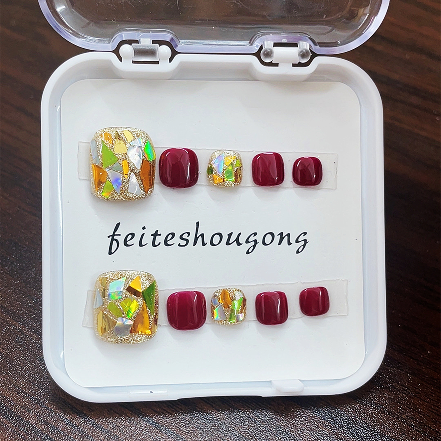 手工脚趾甲亮片黑色显白酒红穿戴