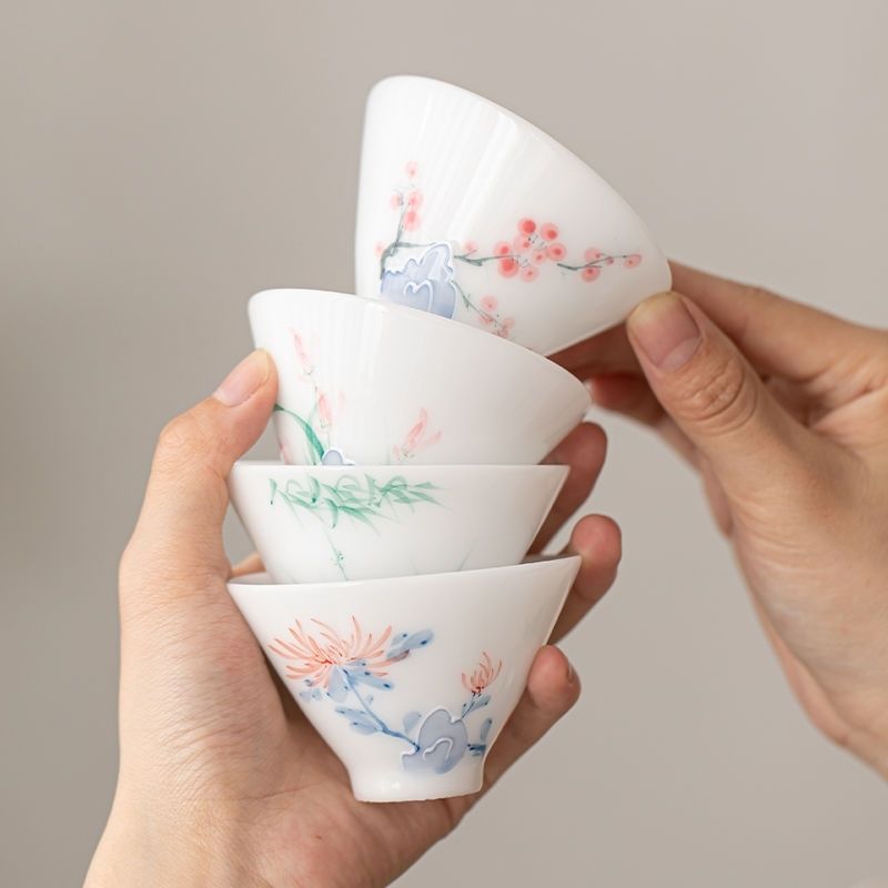 手绘冰种玉瓷喝茶杯品茗杯高端小号陶瓷个人专用主人杯斗笠杯茶盏