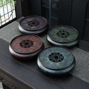 中式圆型茶盘壶承储水干泡茶台大漆老铁器复古茶具禅意茶道茶托盘