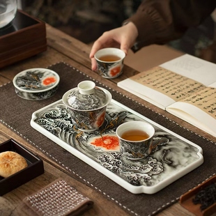 老陶泥墨龙出海盖碗陶瓷茶杯干泡盘家用长方型托盘简易茶台新款