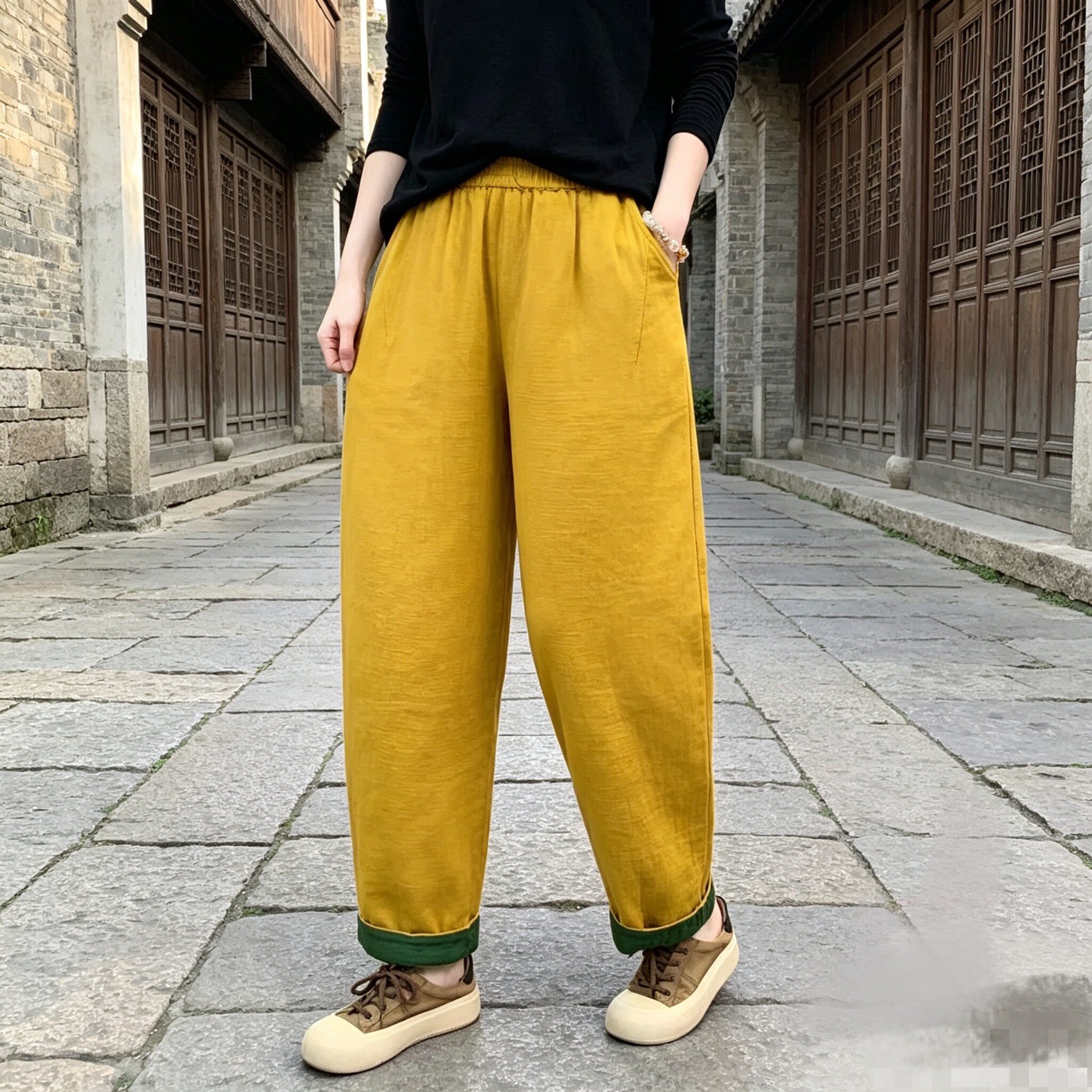 秋季加厚水洗双层纱哈伦裤女复古休闲裤