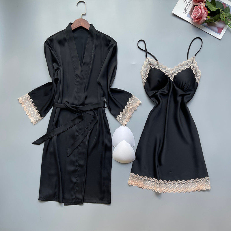 新款纯色蕾丝性感花边女春秋仿真丝吊带睡裙薄款睡袍两件套带胸垫